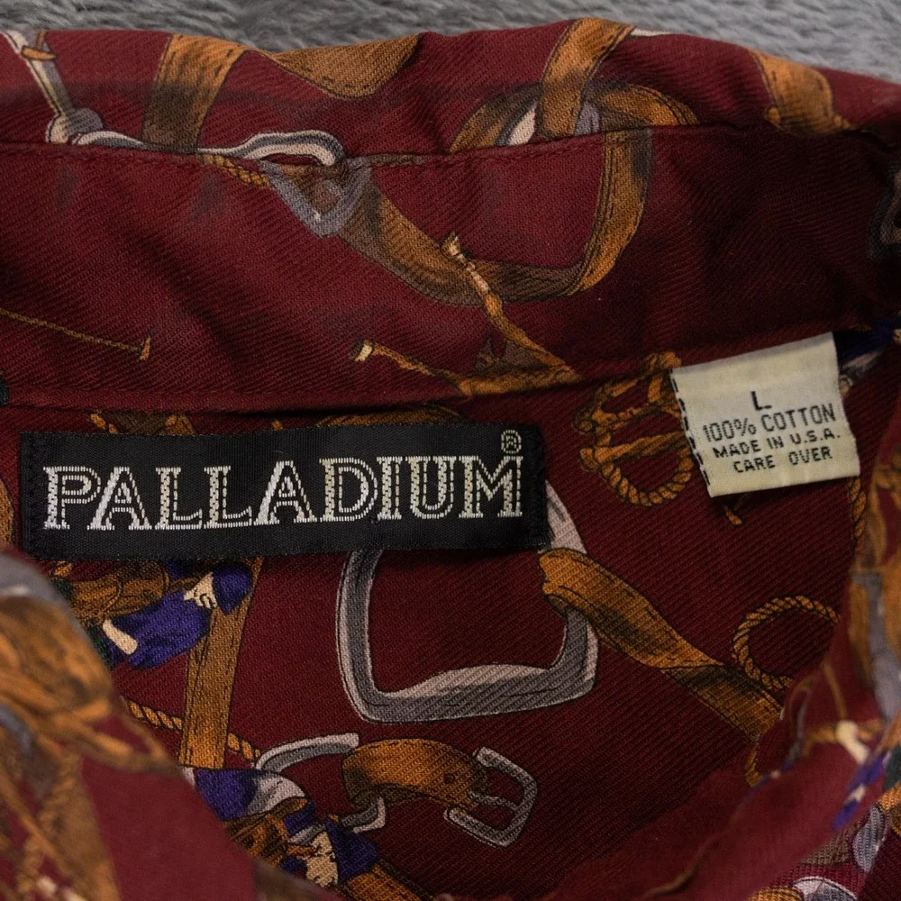 VTG Palladium Button Down Shirt Polo Print Mens L Burgundy Cotton USA